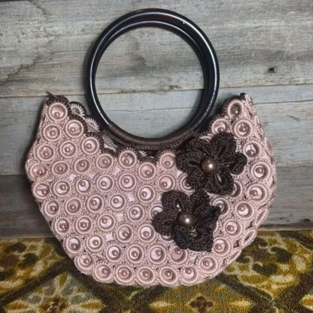 Vtg Crochet Bag Pink and Brown Bag